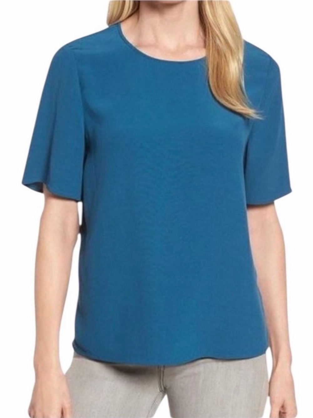 Eileen Fisher Nile Blue Tencel Viscose Crepe Top Fluid Drape Keyhole Closure.